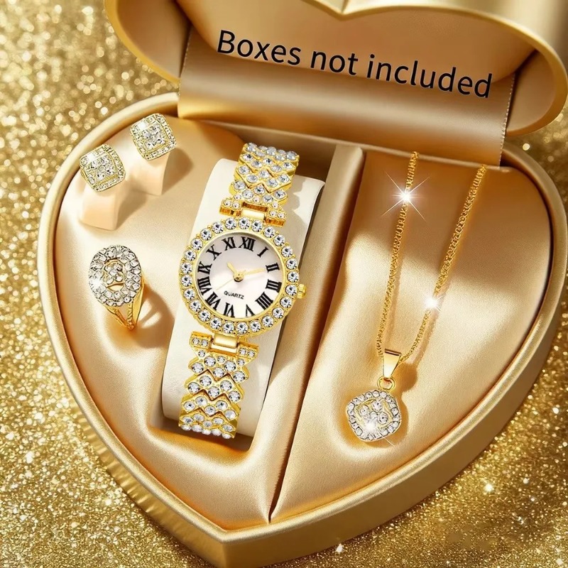 Luxury Watch Holder - 5 個の高級ラインストーンレディースウォッチジュエリーセットローマンクォーツ腕時計、ネックレス、イヤリング、リング付き Reloj Mujer（箱なし）