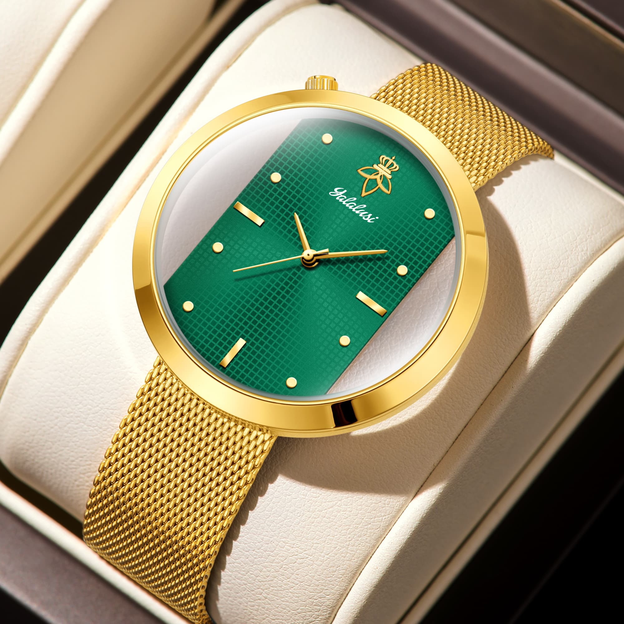 Luxury Watch Gift For Her - 女性用超薄型ゴールドメッシュウォッチ高級エメラルドグリーングリッドダイヤルシンプルクォーツレディース腕時計彼女へのギフト