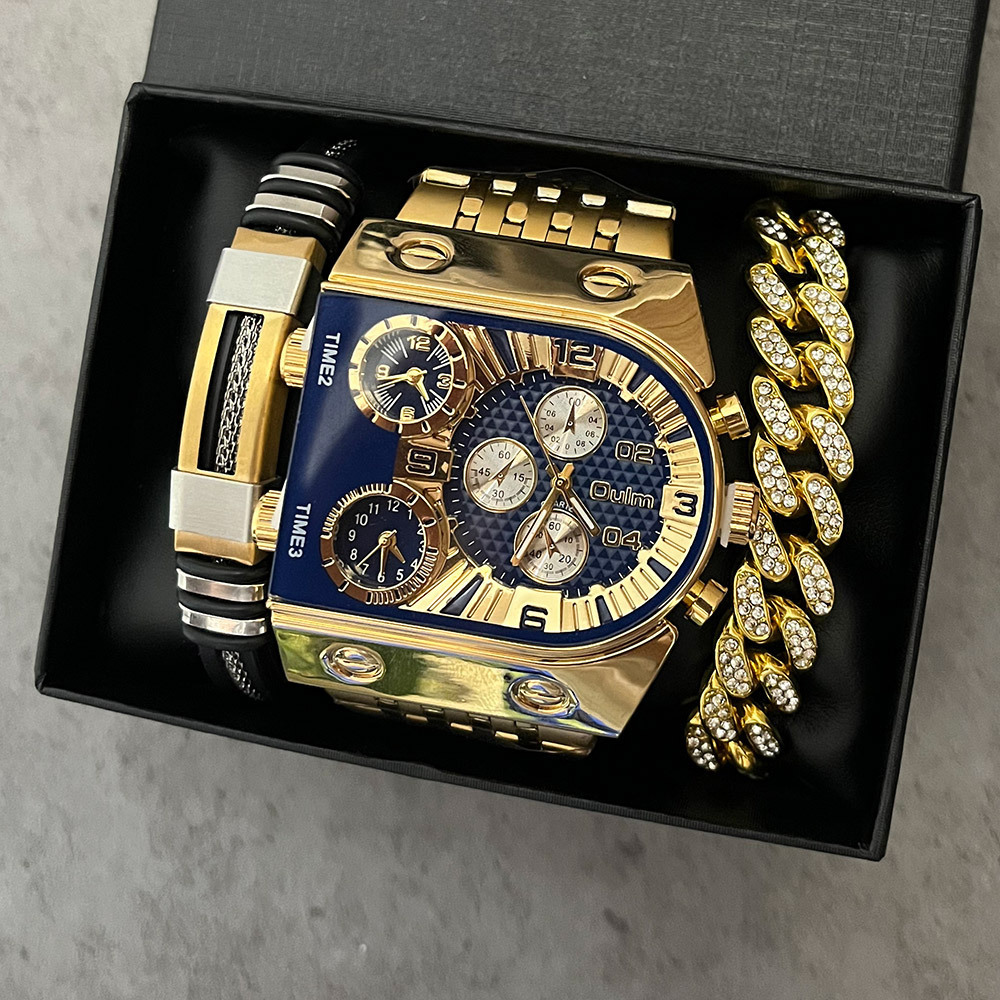 Luxury Watch Zone - メンズ高級長方形ゴールドシルバー大型文字盤夜光防水クォーツ時計セット、スポーツマルチタイムゾーンミリタリーユニフォームst