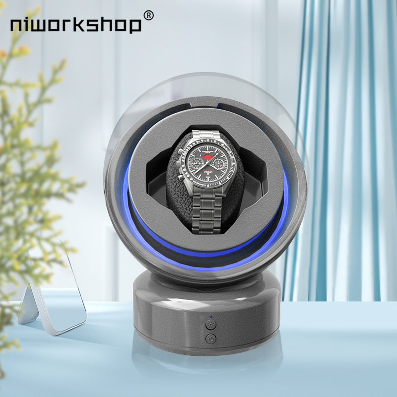 Luxury Watch Winder Box - Niworkshop-LEDライト付き自動巻き時計ワインダー,1スロットの時計収納ケース,スペースカプセルのデザイン,男性と女性のための時計ボックス