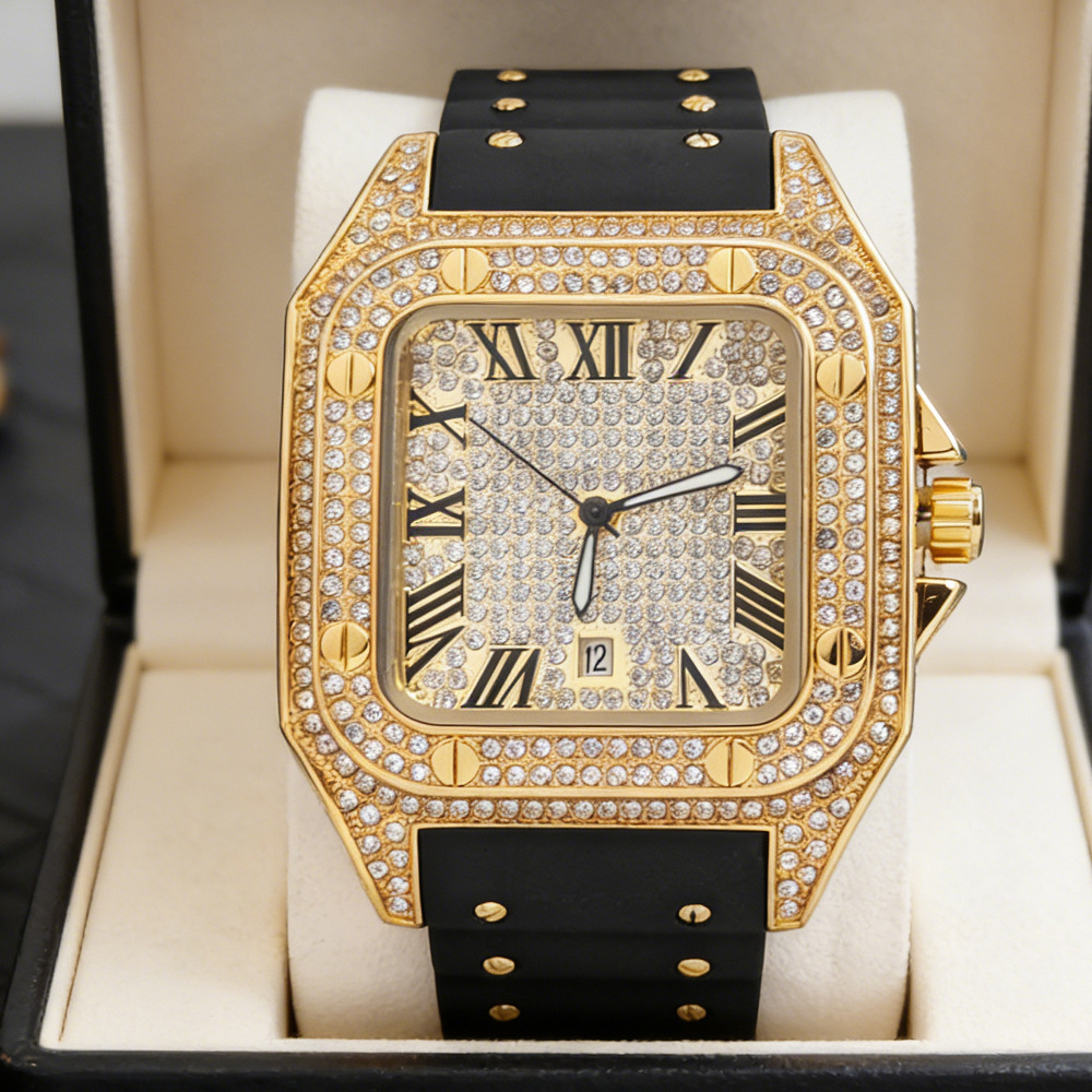 Luxury Watch Rubber Strap - ヒップホップアイスアウトブリンブリンスクエアフルダイヤモンドクォーツ腕時計メンズホットファッションラバーストラップジュエリー腕時計男性用時計ドロップシッピング