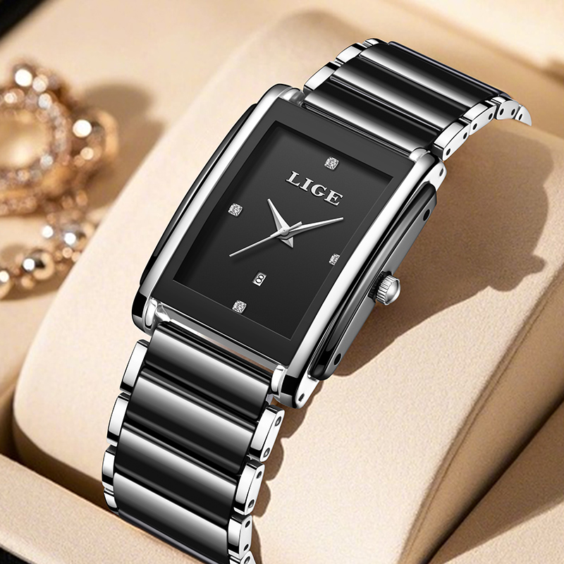 Luxury Watch Holder - LIGE 新しい高級女性腕時計エレガントなセラミッククォーツ腕時計防水日付ファッションギフト女性のための腕時計 Relojs Mujer + ボックス