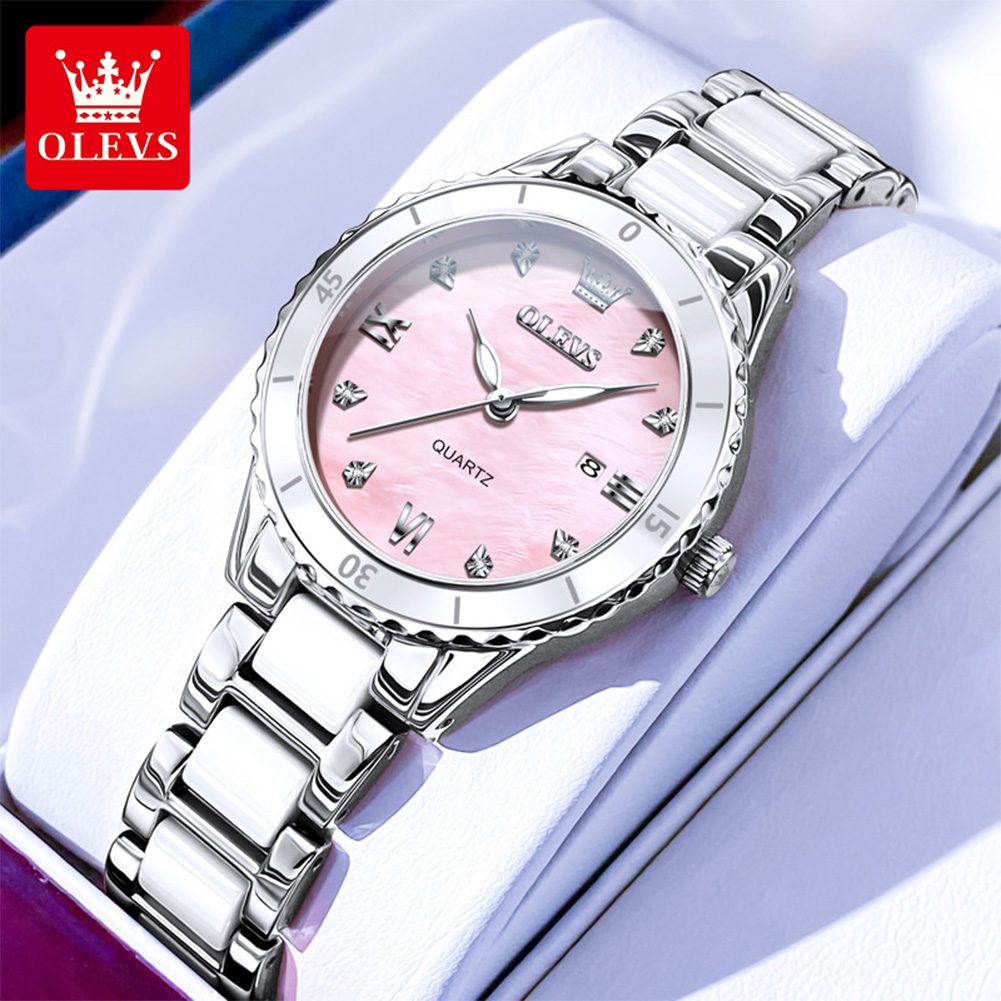 Luxury Watch Gift For Her - OLEVS 9985 レディース腕時計 高級プレミアムクォーツ腕時計 エレガントセラミック防水 夜光日付表示