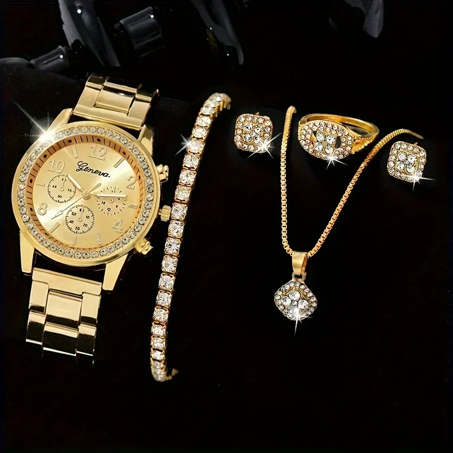 Luxury Watch Gift For Her - 高級ラインストーンクォーツ腕時計、ファッションアナログパーティードレス腕時計＆5点ジュエリーセット、お母さん/彼女へのギフト