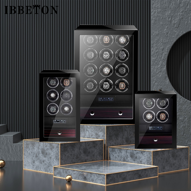 Luxury Watch Winder Box - IBBETON 高級腕時計ワインダー 自動巻き時計用セーフティボックス マブチモーター搭載 LCDタッチスクリーン 木製腕時計アクセサリーボックス