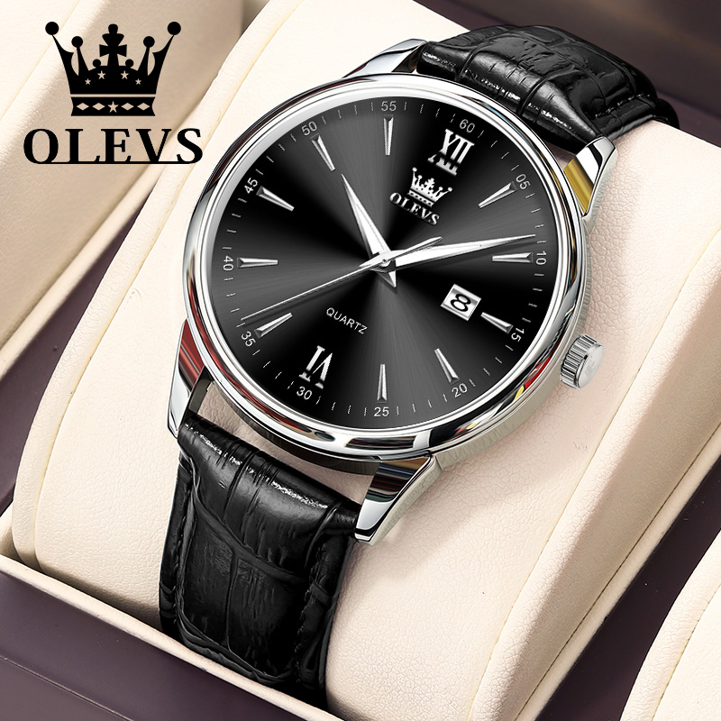 Luxury Watch Mockup - Olevs-メンズクォーツ防水時計,ビジネス,レザーストラップ,クラシック,超薄型,6.5mm,日付ダイヤル,高級ブランド,ファッショナブル
