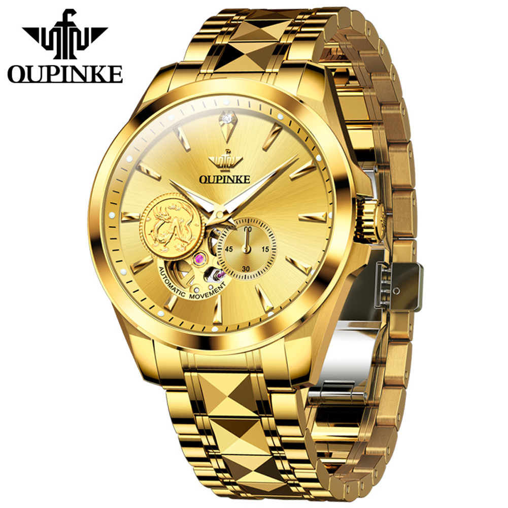 Luxury Watch Brands Logo - OUPINKE メンズ腕時計トップブランドの高級オリジナル自動機械式腕時計ドラゴンパターンロゴ中空フライホイールムーブメント新しい