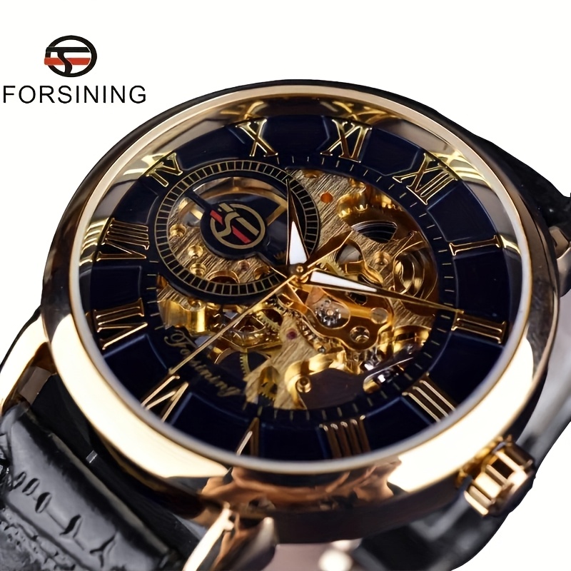 Luxury Watch Brands Logo - Forsining 3Dロゴデザイン中空彫刻ブラックゴールドケースレザースケルトン機械式腕時計メンズ高級ブランド腕時計