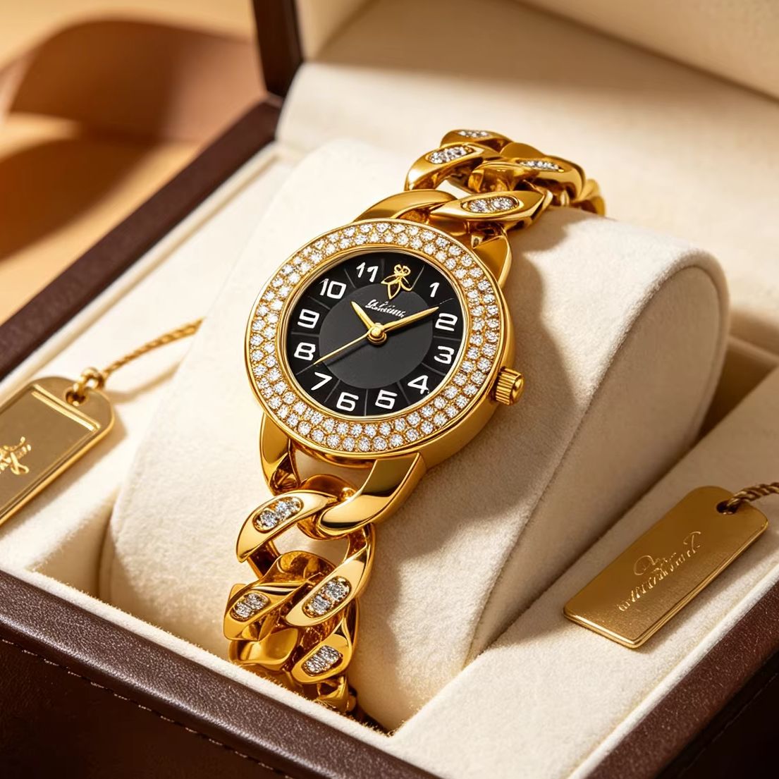 Luxury Watch Gift For Her - YaLaLuSi ゴールドキューバンチェーン女性用腕時計フルクリスタルダイヤモンドベゼルホワイトダイヤルアラビア数字レディースクォーツ腕時計ブリンブリン高級ラインストーンドレスジュエリーギフト彼女へのプレゼント