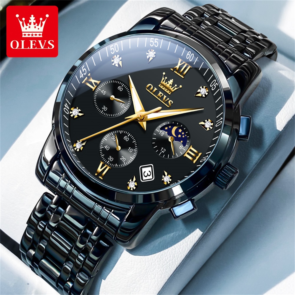 Luxury Watch Mockup - OLEVS 人気のメンズ腕時計ステンレススチールブラックムーンフェイズクロノグラフクォーツ時計男性日付オリジナルブランド腕時計