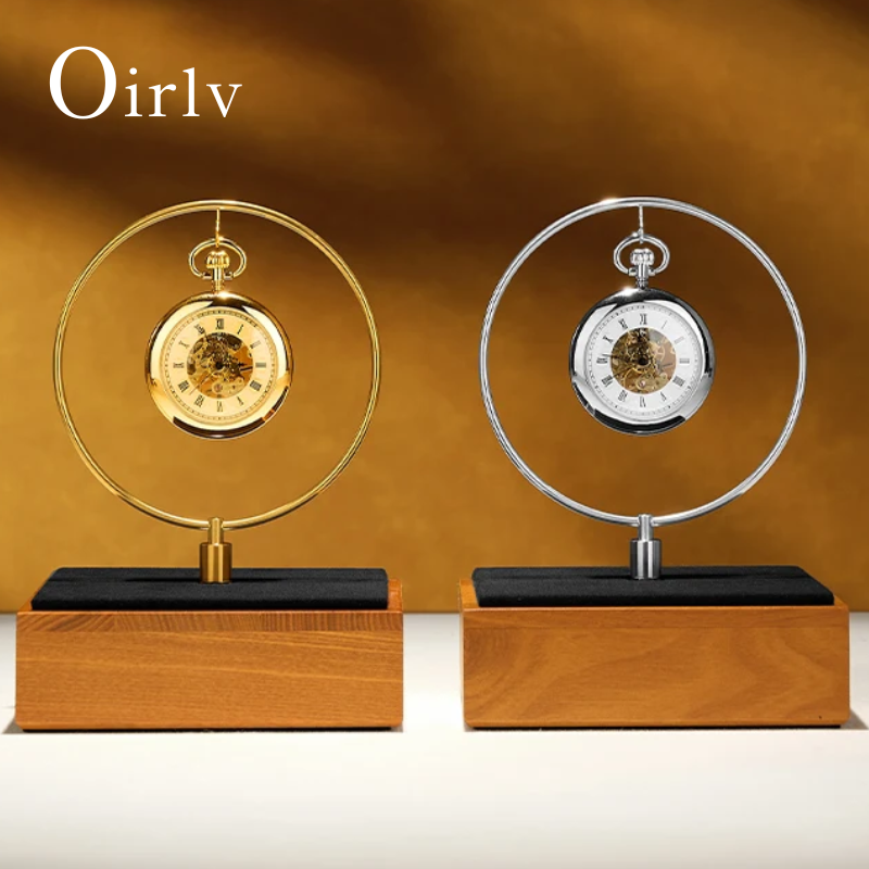 Luxury Watch Holder - Oirlv 高級懐中時計ディスプレイスタンド ゴールドメタルリング＆無垢材ベース、機械式懐中時計用のエレガントなデスクトップホルダー