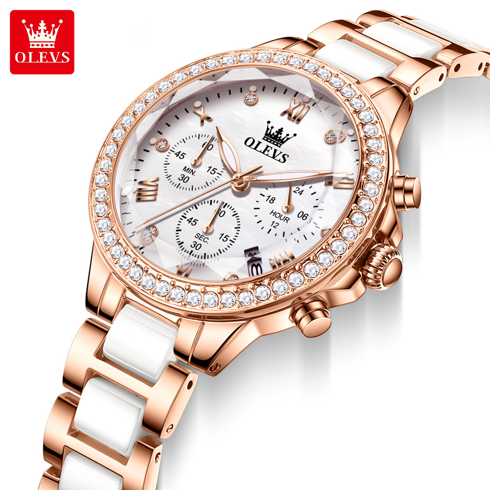 Luxury Watch Zone - OLEVS 9999 レディースクォーツ腕時計 セラミックストラップ エレガントな女性用腕時計 多機能ダイヤモンド文字盤腕時計