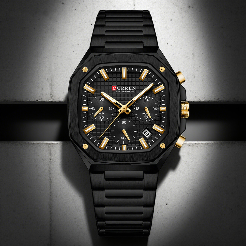 Luxury Watch For Men - CURREN 高級スクエアクロノ腕時計男性用クラシックデザインブラックダイヤルにゴールドアクセントファッションクォーツ腕時計発光針
