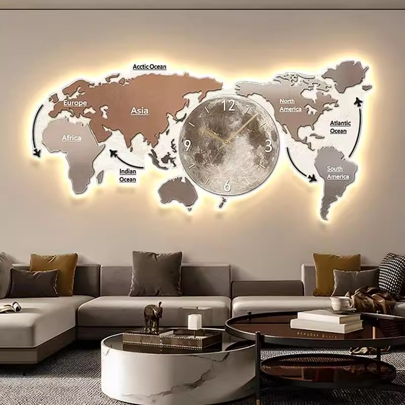 Luxury Watch Wall Clock - 世界地図発光壁掛け時計 リビングルーム デジタル時計 北欧風高級デザイン 壁掛けランプ ヴィラ