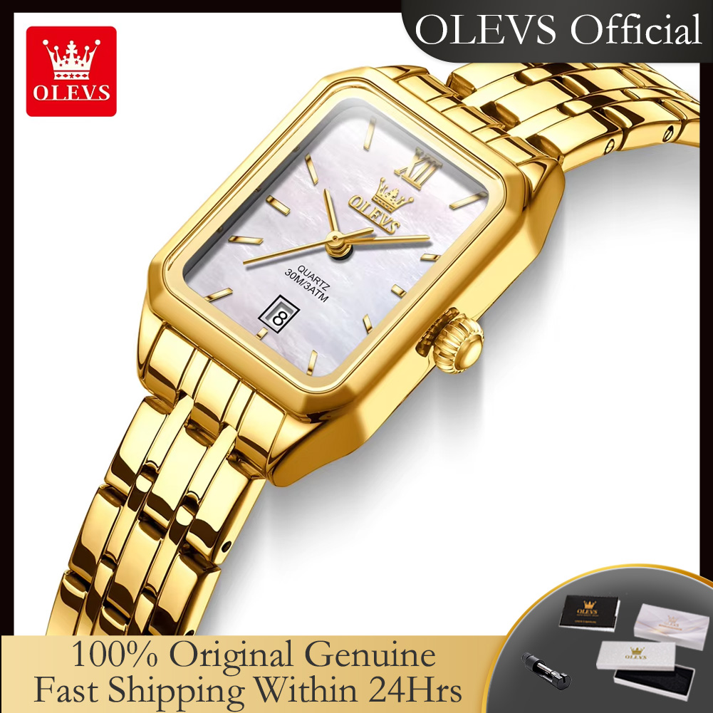 Luxury Watch Logos - OLEVS 5616 新しいクォーツ時計女性のファッションエレガントなスクエアゴールデン時計カレンダー防水ステンレス鋼レディース腕時計