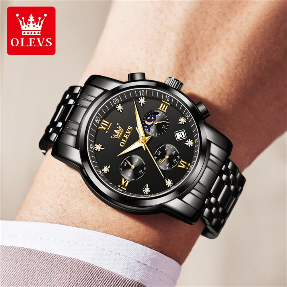 OLEVS 人気のメンズ腕時計ステンレススチールブラックムー - Luxury Watch Mockup のレビューと価格